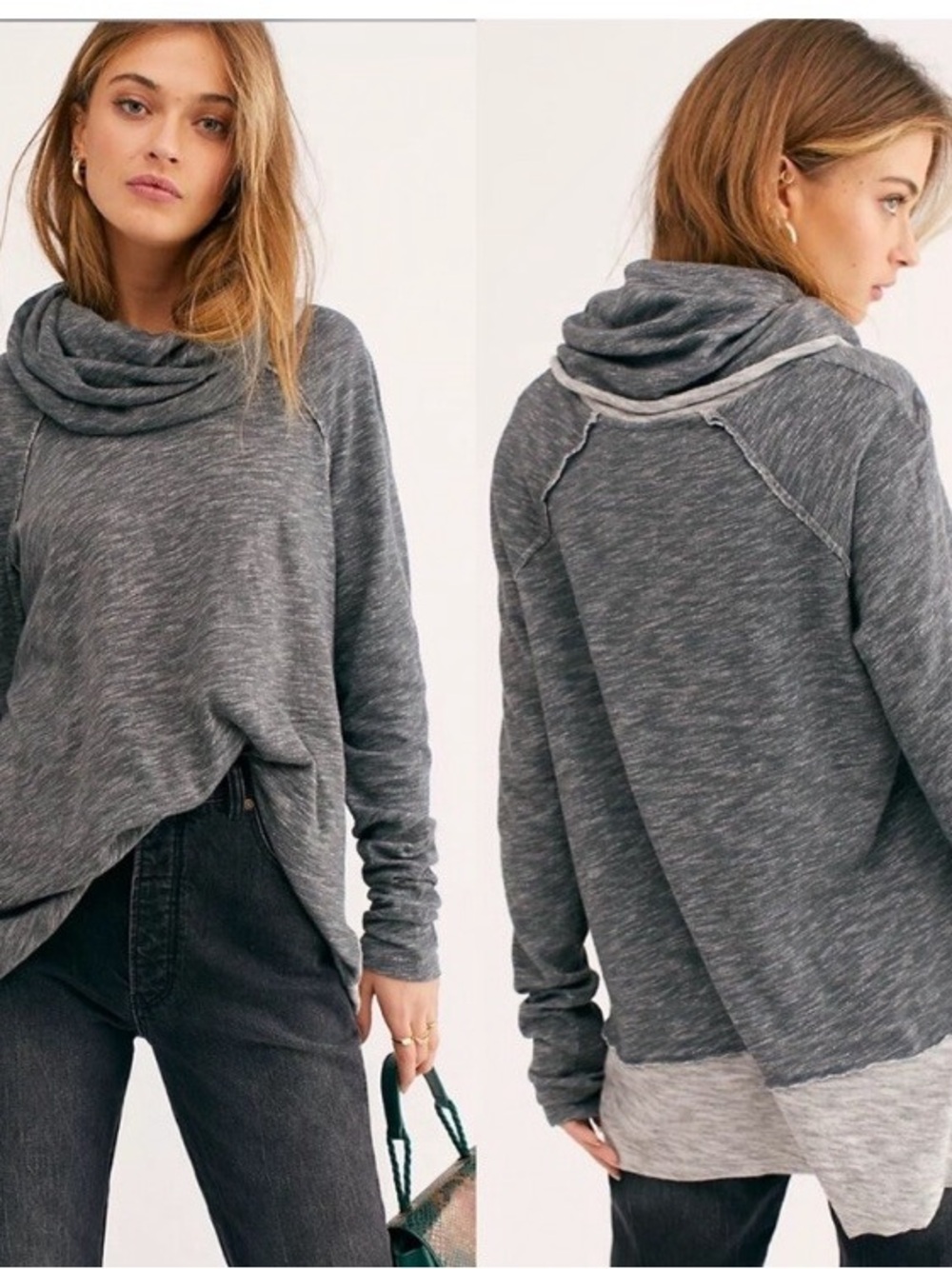 FP Beach one size 100% cotton grey Cozy Knit Cowl Neck Sweater